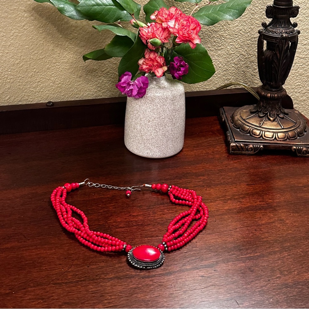 Western style vintage beaded multi strand necklace with red stone pendant